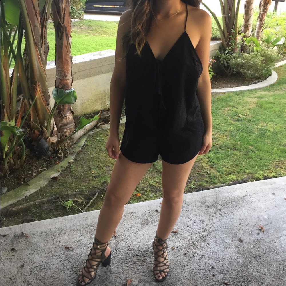 Black Tie Front Suede Romper